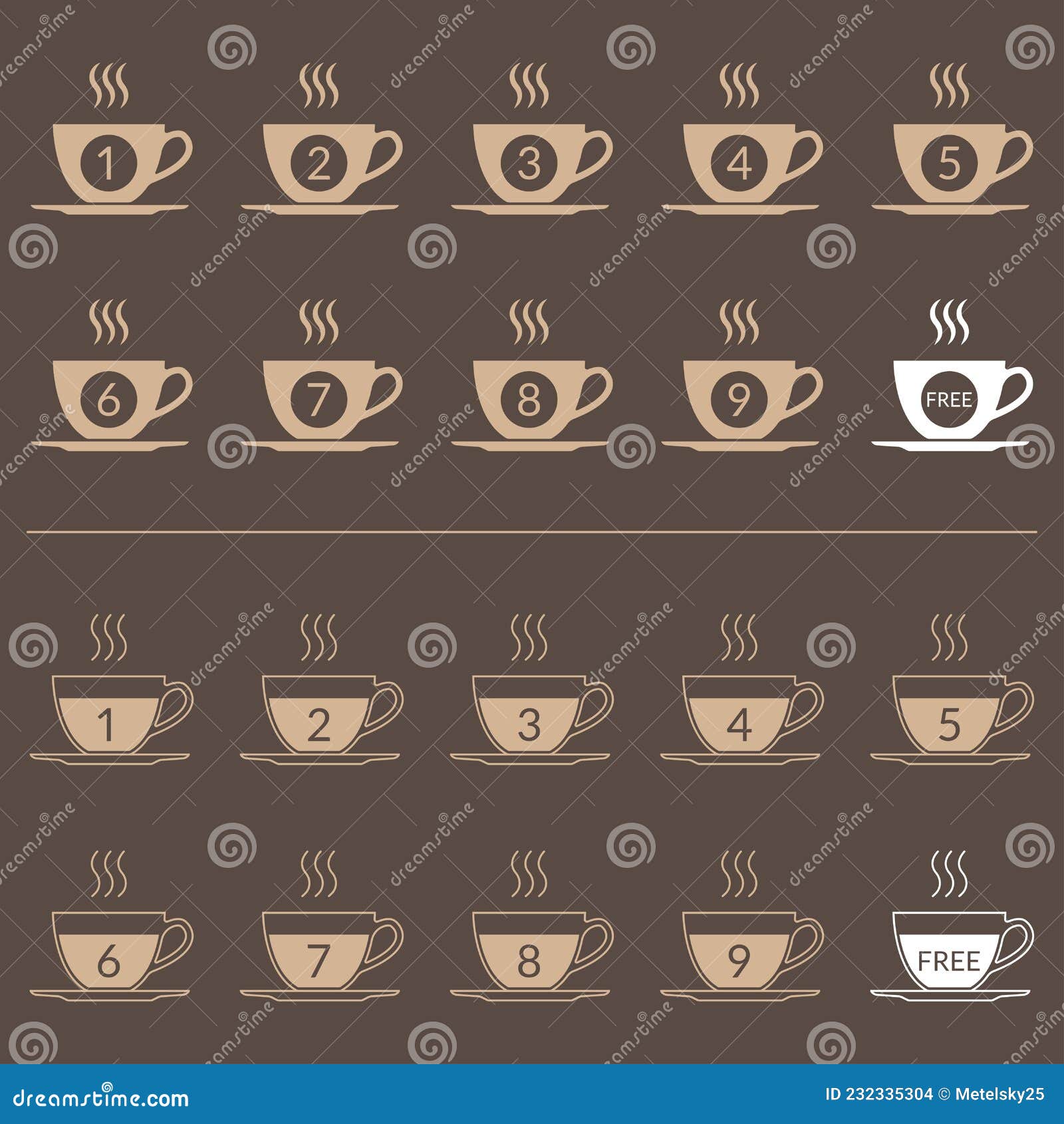 coffee loyalty card concept with coffee cup icons. buy 9 cups and get 1 for free. cafe beverage promotion  template. 